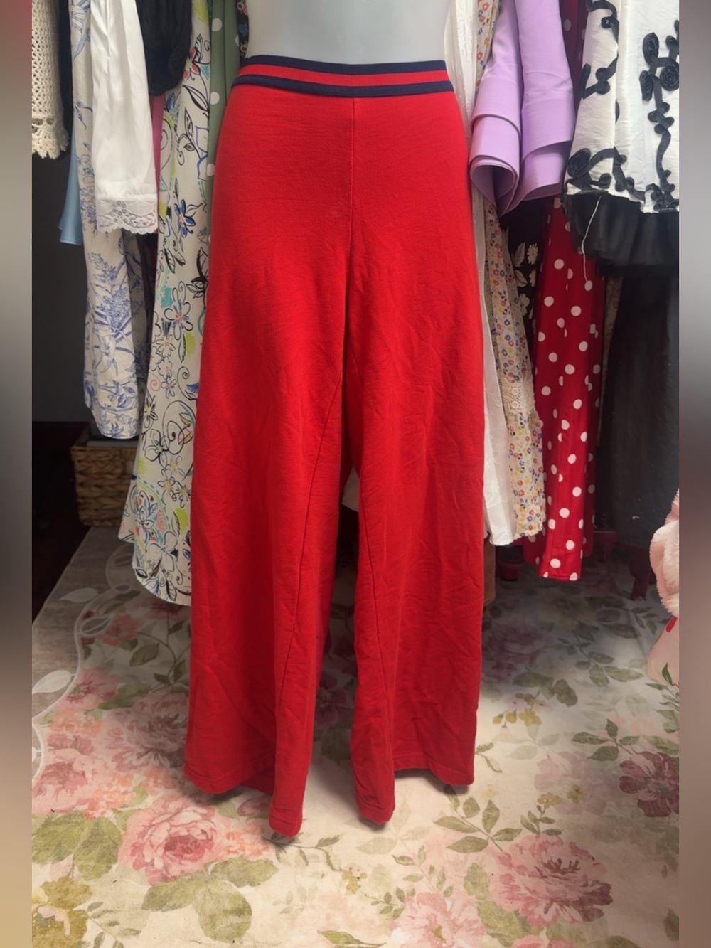 Y2K Women’s Tommy Hilfiger Wide-Leg Red Pants with Navy Stripe Waistband